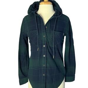 Garage Blackwatch Plaid Flannel Hooded Shirt Womens Small Boyfriend Fit Shacket
